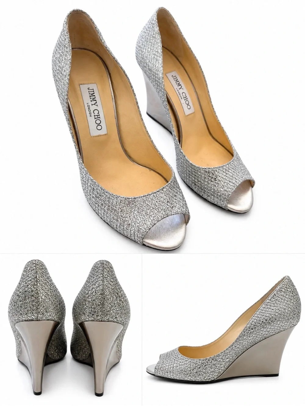 Jimmy Choo Silver Glitter Peep-Toe Wedge Heels